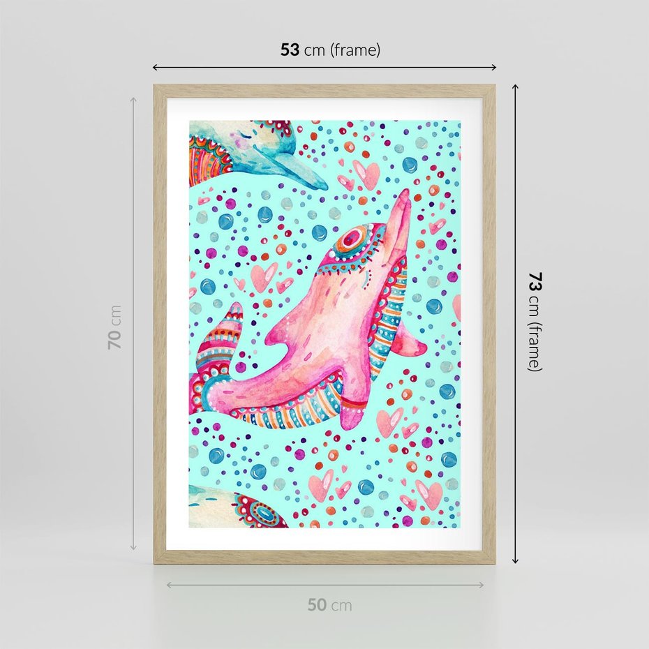Plakat w ramie 50x70 - Lekkość W Ruchu - delfin, akwarela - rama drewno