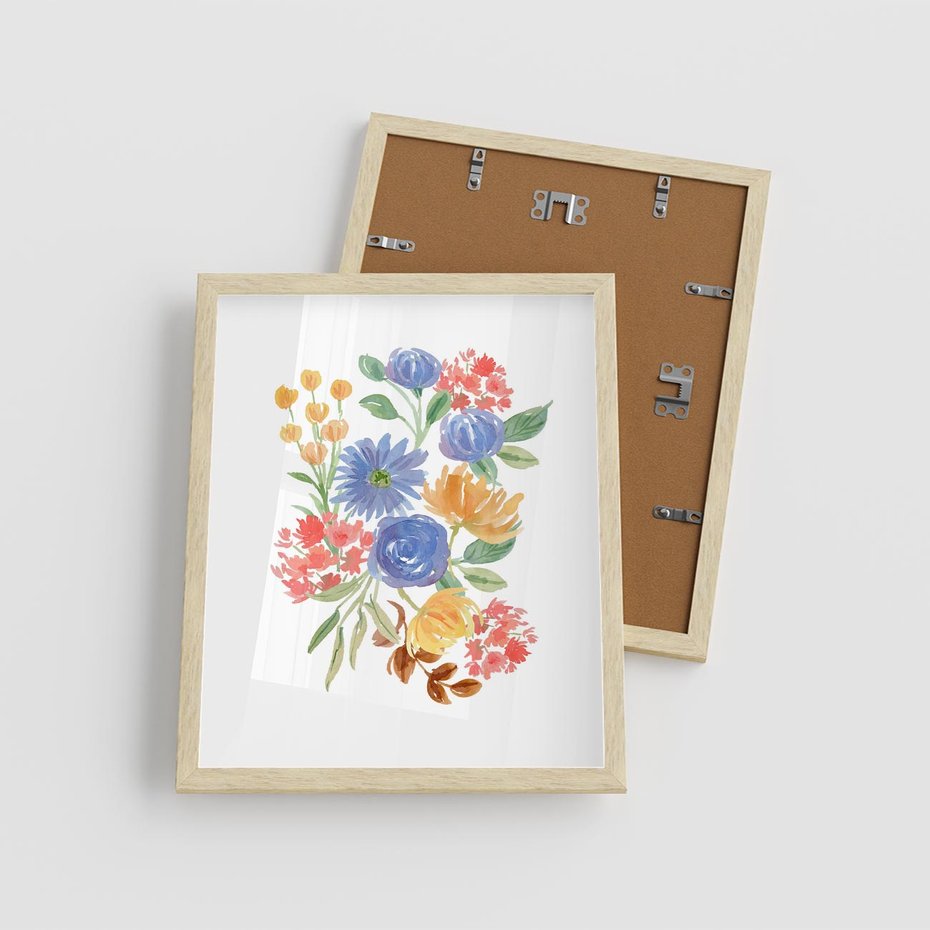 Plakat w ramie 40x50 - Kwiatowe Światło - akwarelowe kwiaty, bukiet - rama drewno