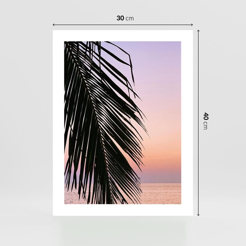 Plakat bez ramy 30x40 - Liście Palmy nad Morzem - zachód słońca, liście palmy na tle nieba i morza