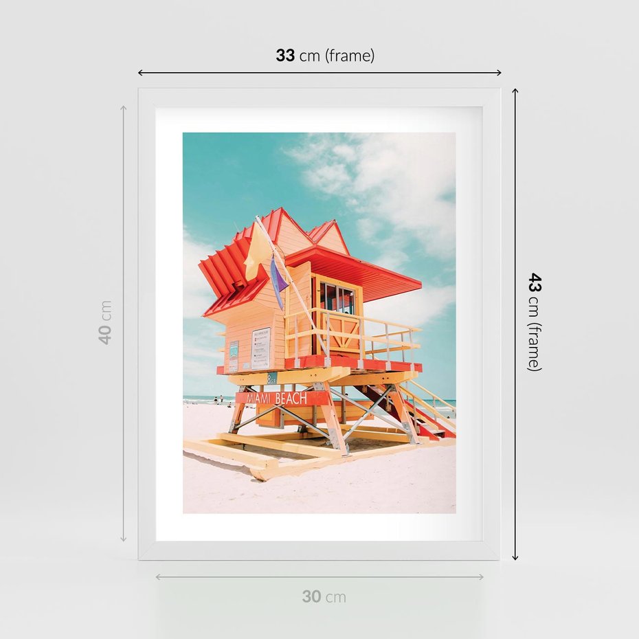 Plakat w ramie 30x40 - Rajski Widok - plaża miami, domek ratownika - rama biała