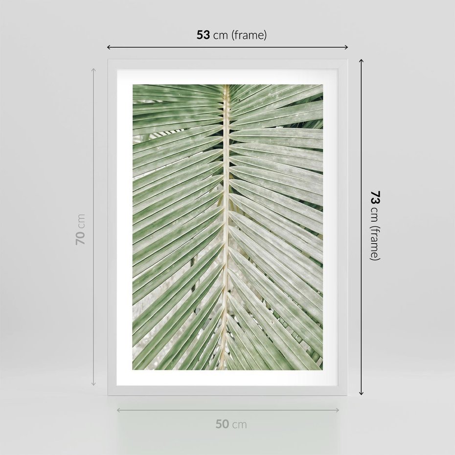 Plakat w ramie 50x70 - Jasna Zieleń Palmy - liść palmy, zbliżenie - rama biała