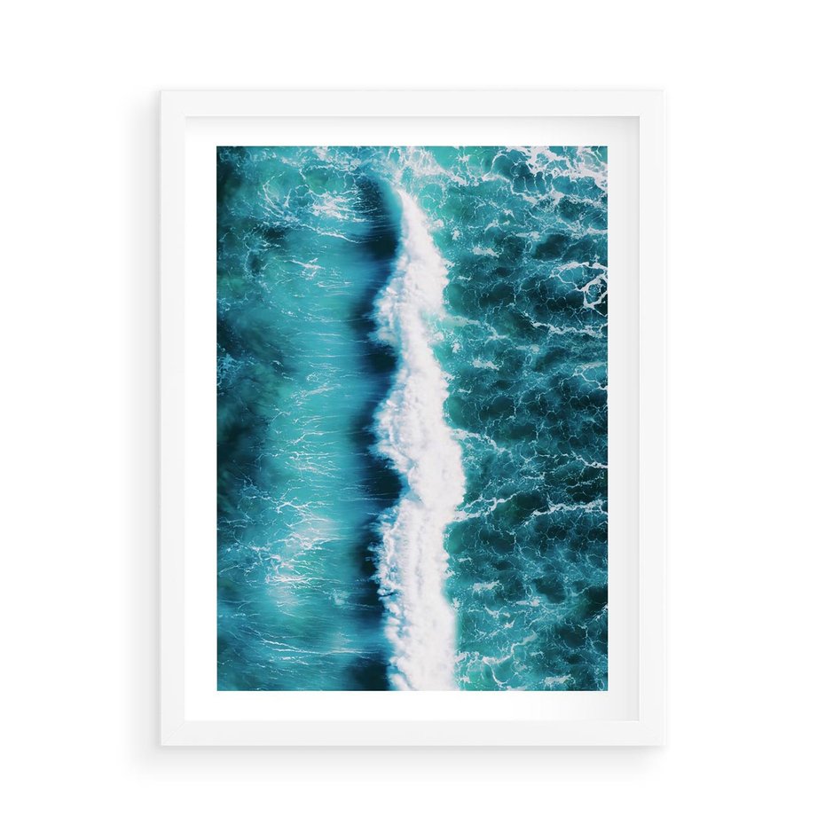 Plakat w ramie 50x70 - Błękitna Siła Oceanu - fale, ocean - rama biała