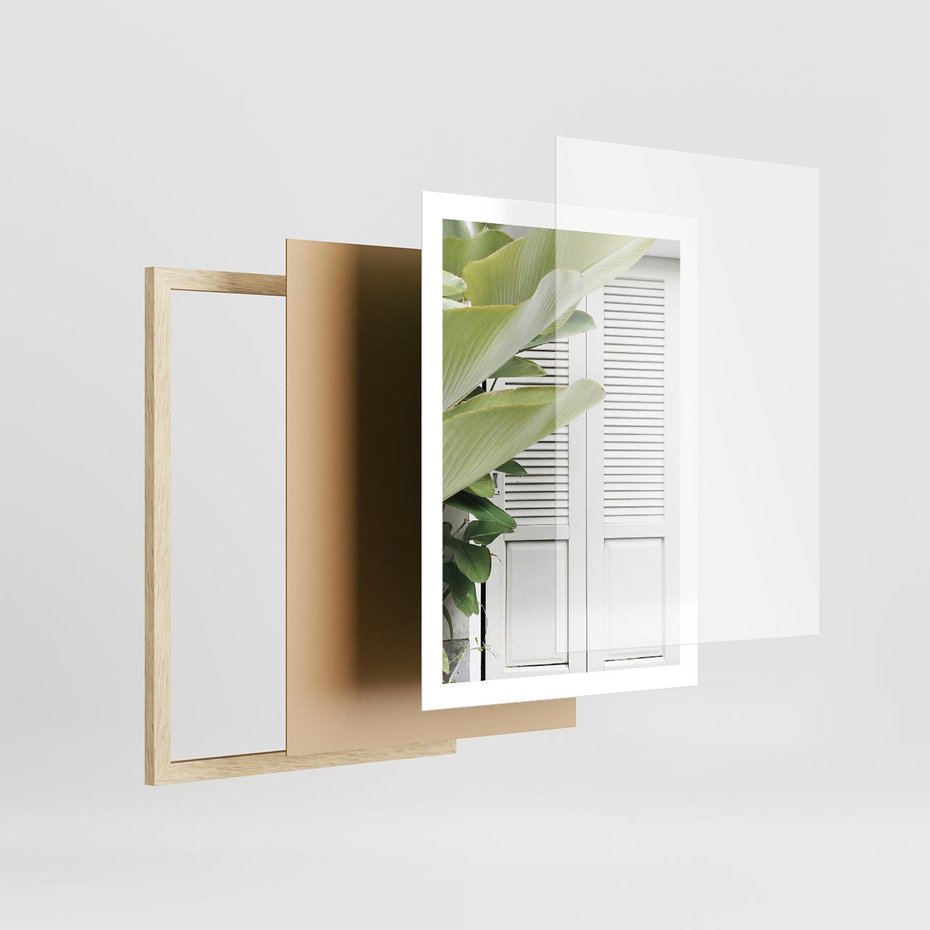 Plakat w ramie 50x70 - Tropikalne Okno - białe okiennice, zielona tropikalna roślina - rama drewno