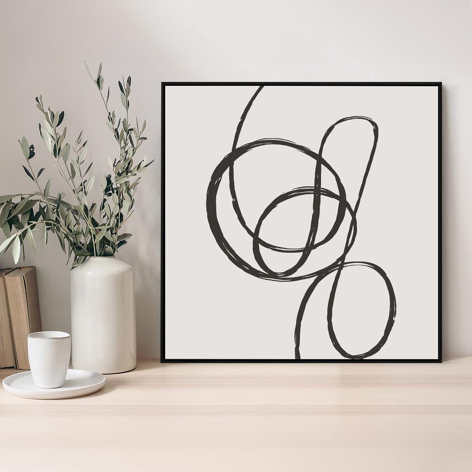 Obraz w ramie 50x50 - Migotliwa Kreatywność - abstrakcyjne szkicowane linie, minimalizm - rama czarna