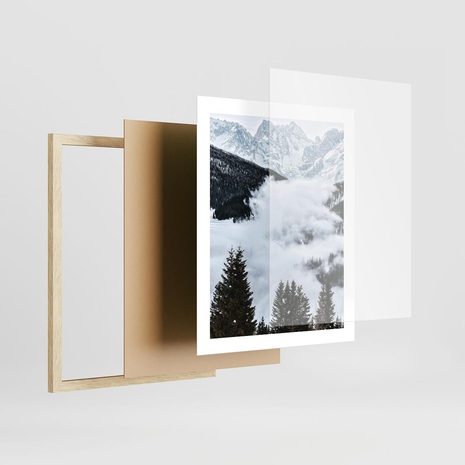 Plakat w ramie 40x50 - Zimowa Magia Gór: Śnieżne Szczyty - grajobraz górski, zima - rama drewno