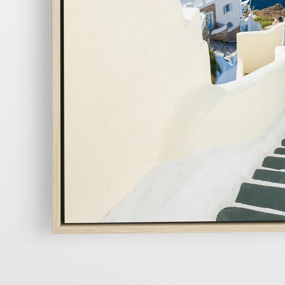 Obraz w ramie 50x50 - Malowniczy urok wyspy - Santorini, schodki - rama drewno