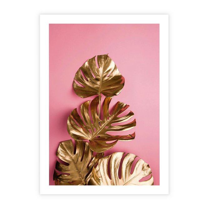 Plakat bez ramy 21x30 - Złote Liście Monstery: Delikatność na Różowym Tle - złote liście monstery, różowe tło