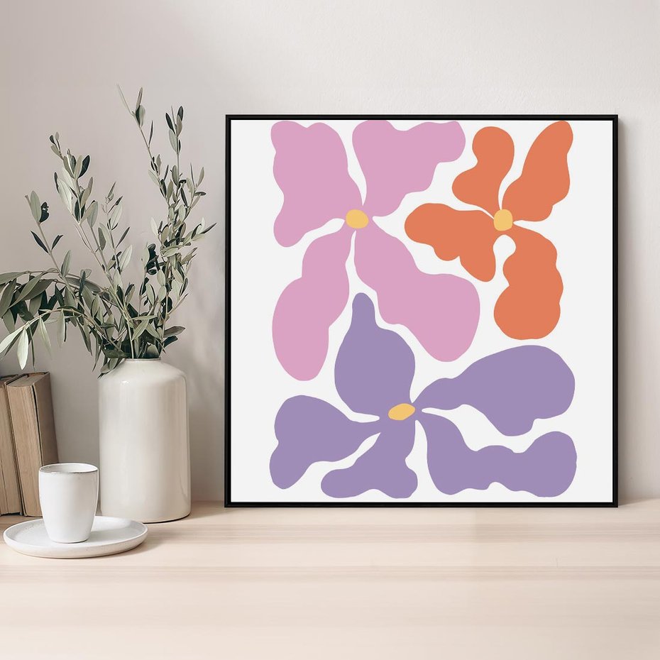 Obraz w ramie 50x50 - Bezgraniczne Wibracje - abstrakcyjne kolorowe kwiaty, minimlizm - rama czarna