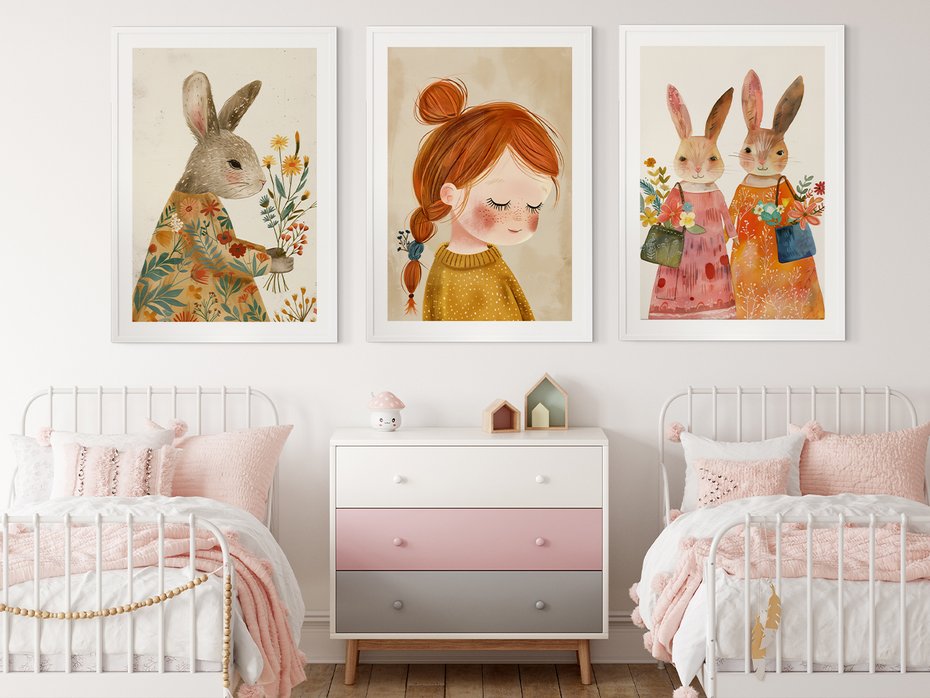 Zestaw obrazy w ramie 50x70 galeria - dla, dzieci, króliki, dziewczynka - rama biała