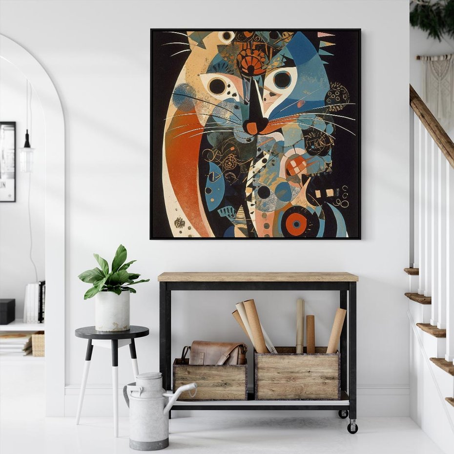 Obraz w ramie 50x50 - Księga Surrealnych Wymiarów - abstrakcyjny obraz olejny, kot - rama czarna