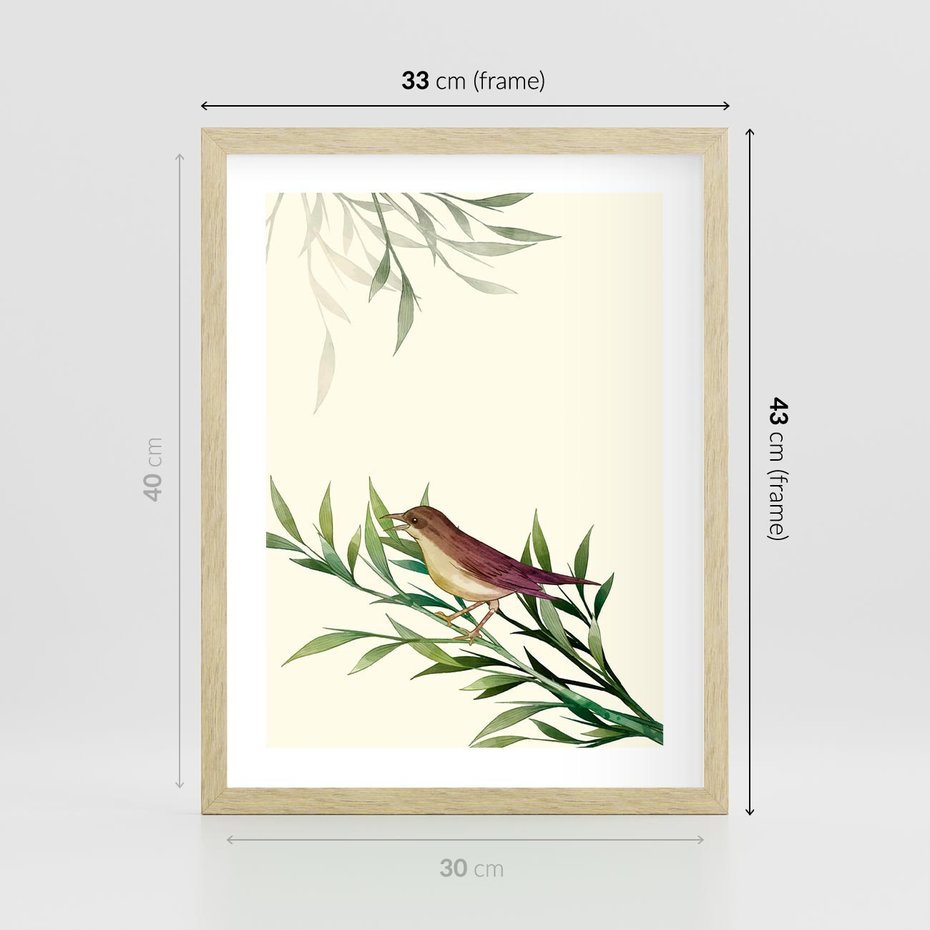 Plakat w ramie 30x40 - Roślinne Nastroje - japońska sztuka, ptak - rama drewno