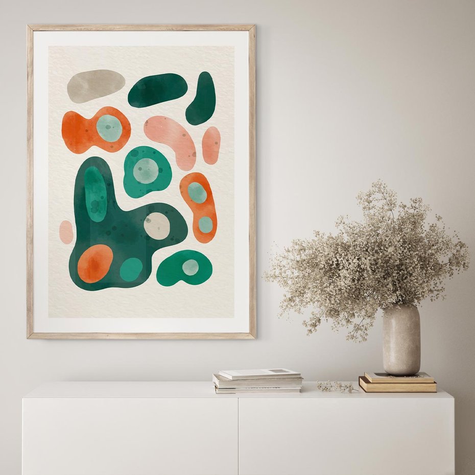 Plakat w ramie 30x40 - Kolorowe Przenikanie - przypadkowe abstrakcyjne plamy, pomarańczowy i zielony - rama drewno