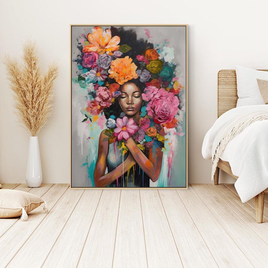 Obraz w ramie 80x120 - Z Głową w Kwiatach - obraz olejny, sztuka nowoczesna - rama drewno