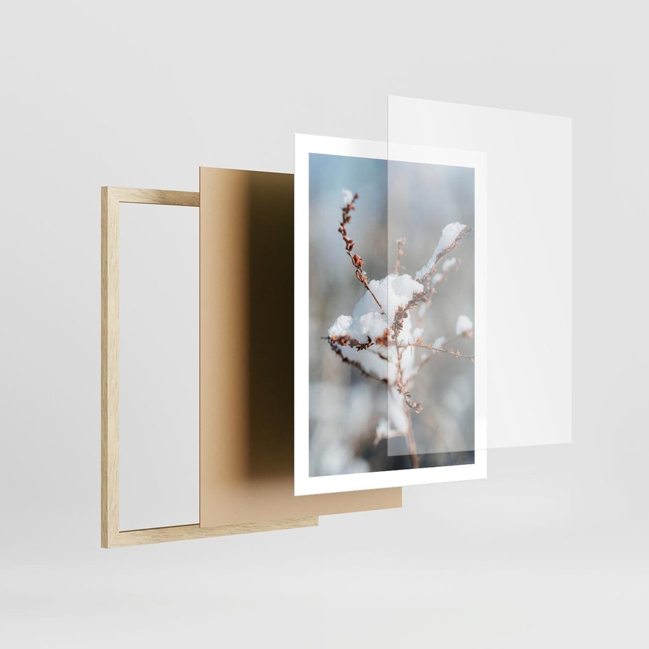 Plakat w ramie 50x70 - Zimowy Urok Natury - gałązki pod śniegiem, natura - rama drewno