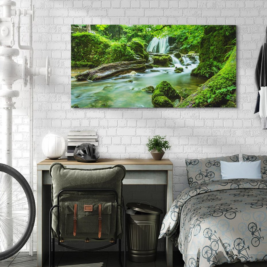 Obraz na płótnie 120x60 - Las przy rzece: potężny wodospad - las, rzeka