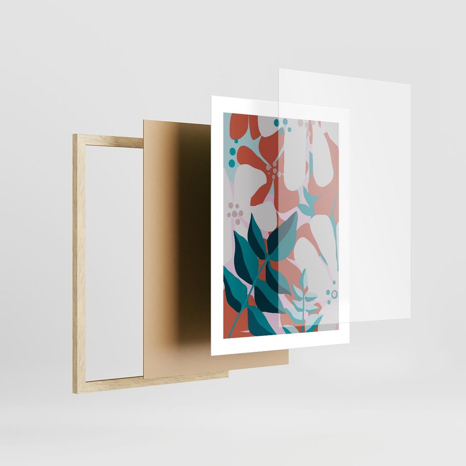 Plakat w ramie 30x40 - Harmonijne Formy - abstrakcyjna kompozycja kwiatowych form, kolor zgaszone - rama drewno