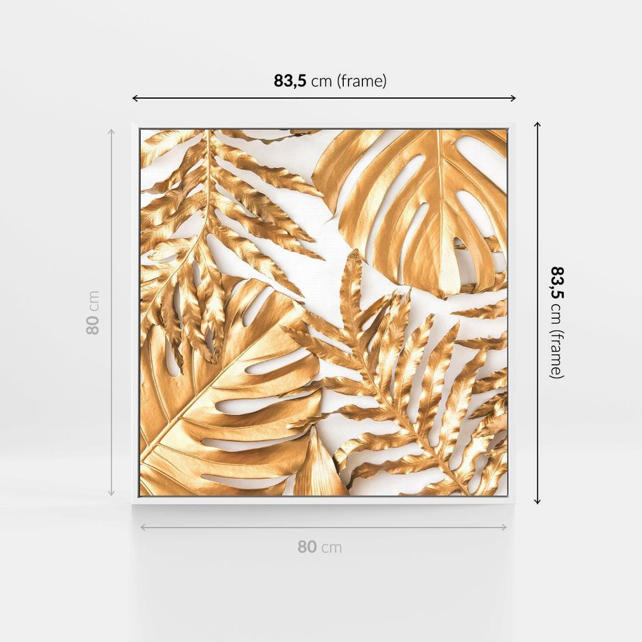 Obraz w ramie 80x80 - Monstera Złote Liście - monstera, złote - rama biała