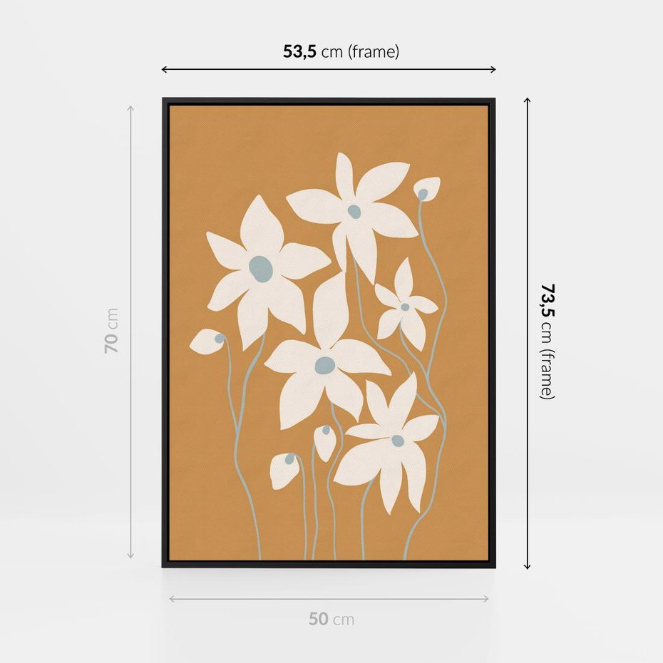 Obraz w ramie 50x70 - Kwiatowy Spektakl - minimalistyczne kwiaty, na pomarańczowym tle - rama czarna