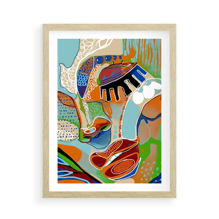 Plakat w ramie 50x70 - Wibracje Kształtów - abstrakcyjny portret kobiety, twarz - rama drewno