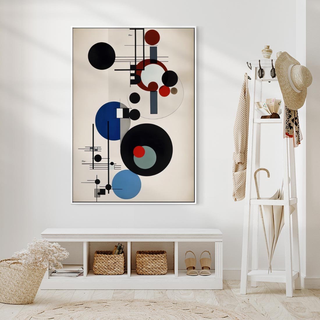 Obraz w ramie 50x70 - Rozkwitające Wibracje Wyobraźni - abstrakcyjna geometryczna kompozycja, koła linie - rama biała