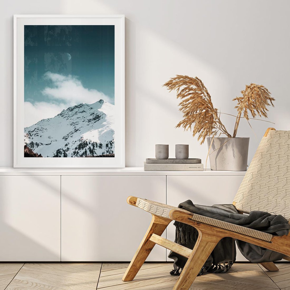 Plakat w ramie 50x70 - Nocna Magia w Górach - fotografia, śnieg - rama biała