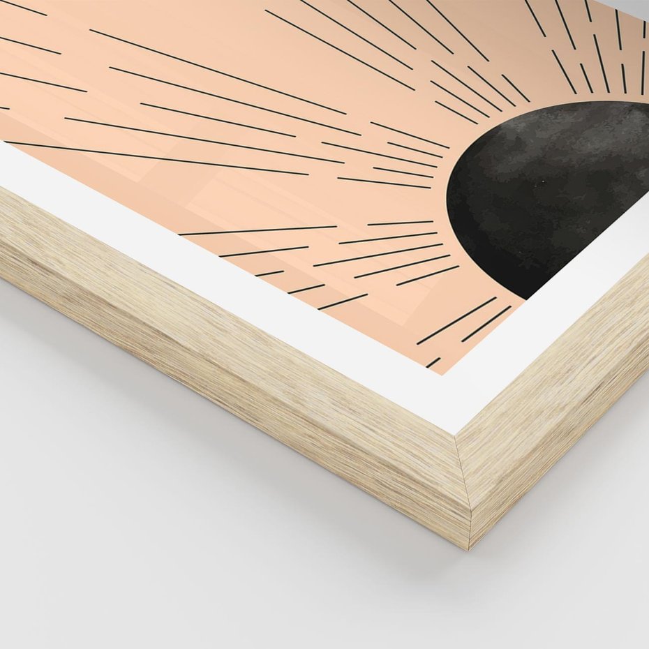 Plakat w ramie 50x70 - Migocące Kształty Promieni - boho czarne słońce, nowoczesna grafika - rama drewno