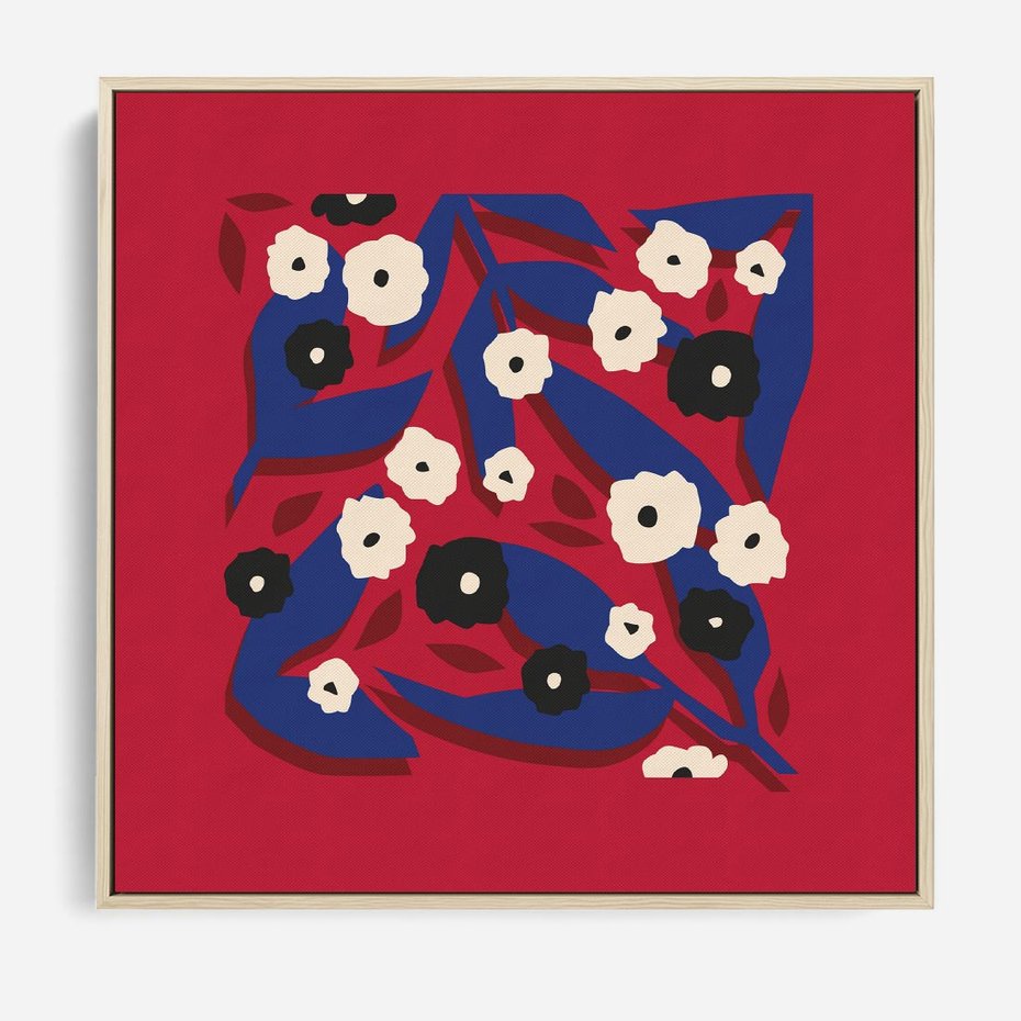 Obraz w ramie 50x50 - Kolorowe Przenikanie - abstrakcyjna kwiatowa kompozycja, czerwone mocne tło - rama drewno