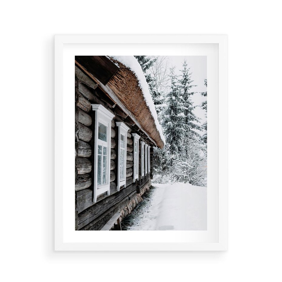 Plakat w ramie 40x50 - Cicha Zima - zima, domek w górach - rama biała
