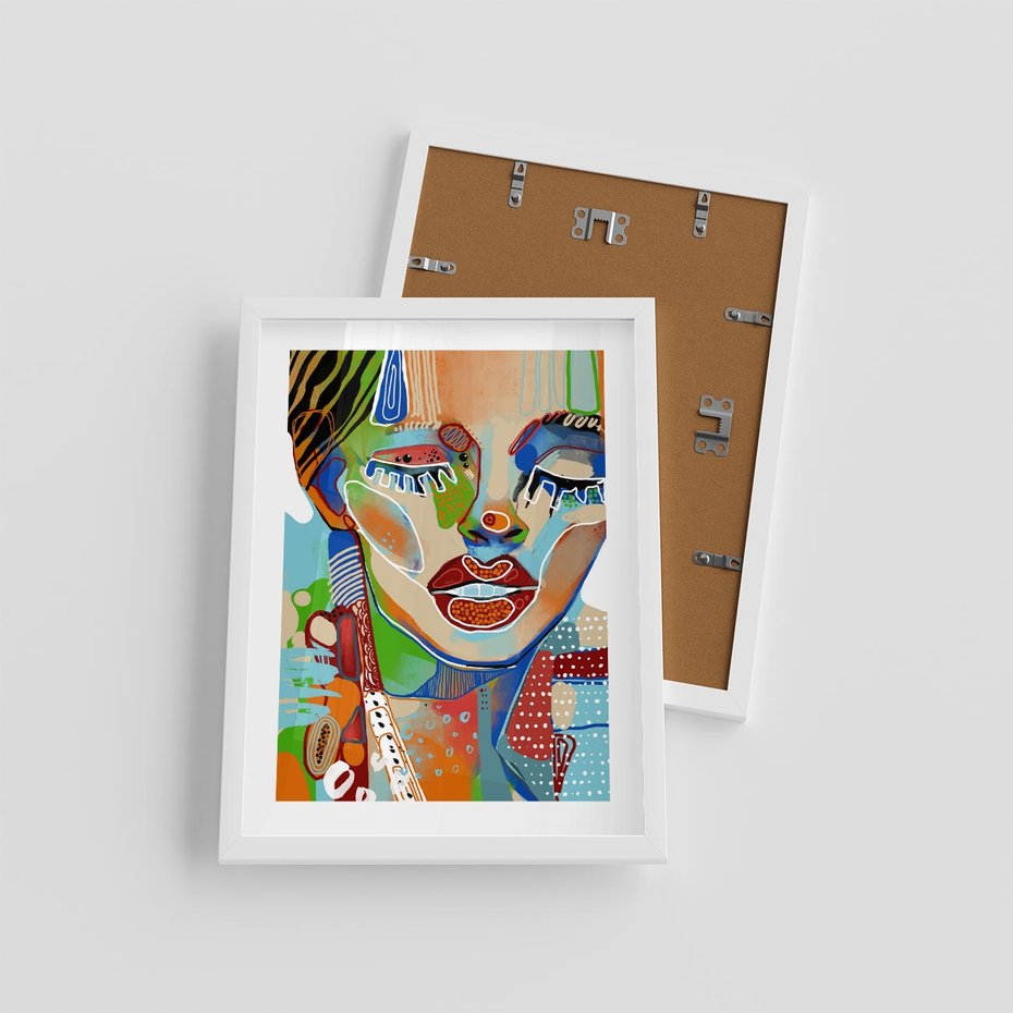 Plakat w ramie 30x40 - Kolorowe Formy - abstrakcyjny portret kobiety, twarz - rama biała