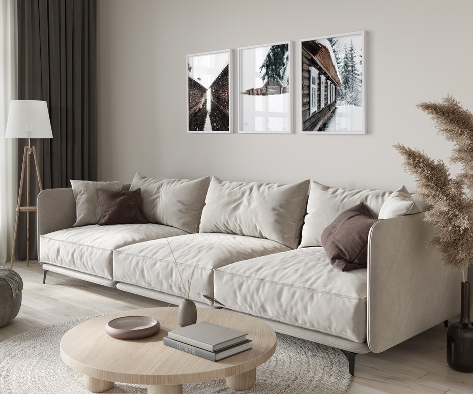 Zestaw obrazy w ramie 50x70 galeria - Domki, w, górach, zima, perspektywa - rama biała