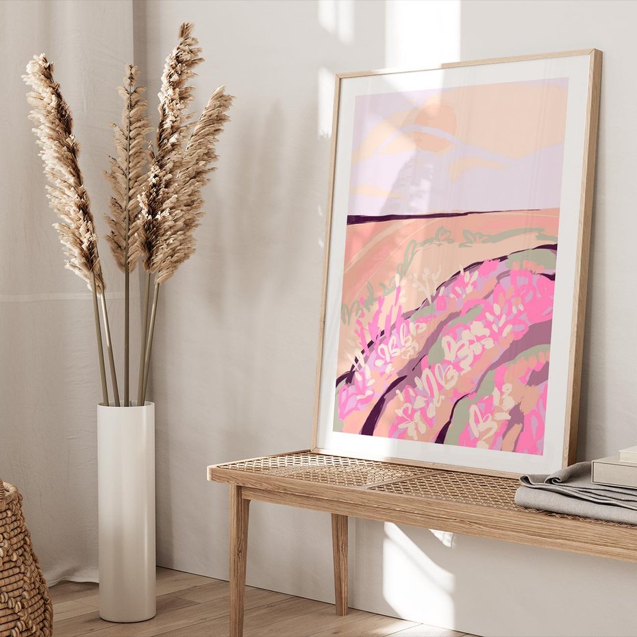 Plakat w ramie 40x50 - Harmonijny Świt - pastelowy krajobraz, nowoczesny plakat - rama drewno