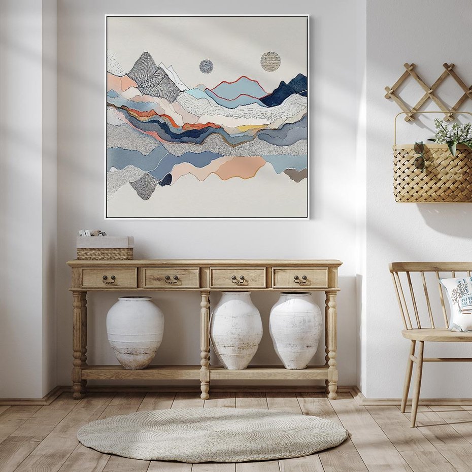 Obraz w ramie 50x50 - Dynamiczne Góry - akwarelowe graficzne góry, krajobraz - rama biała