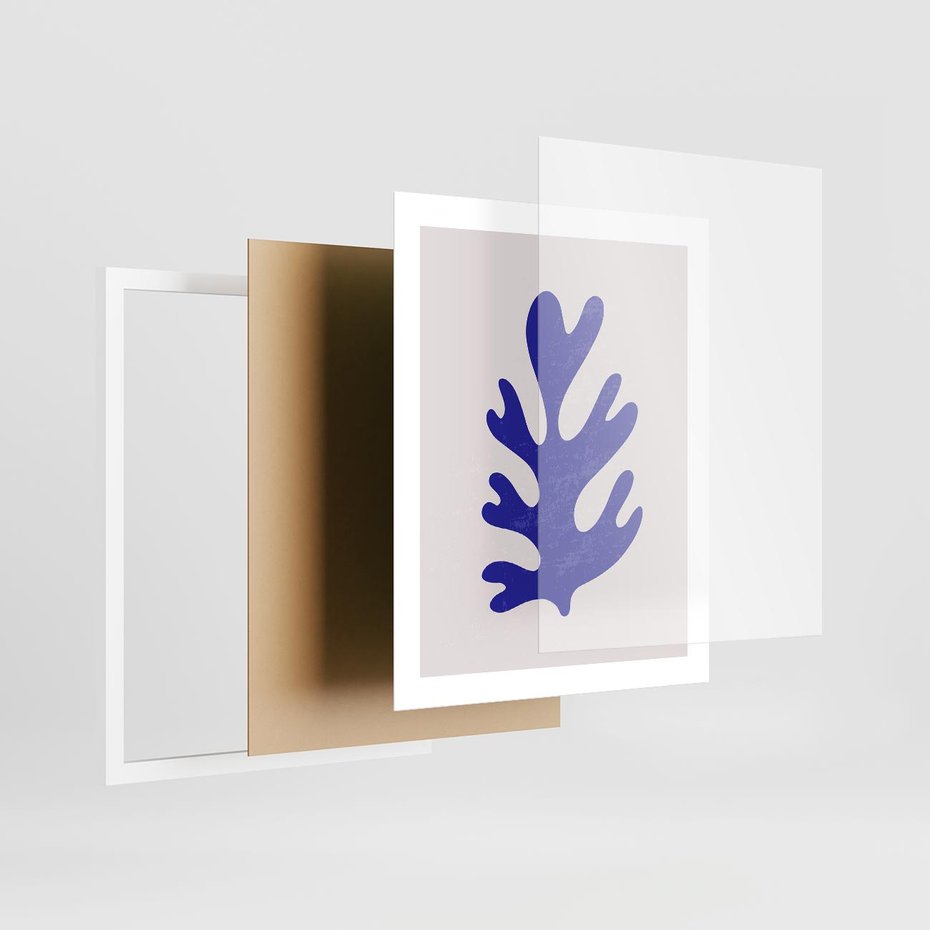 Plakat w ramie 40x50 - Przenikająca Struktura - boho plakat, niebieski liść w intensywnym kolorze - rama biała
