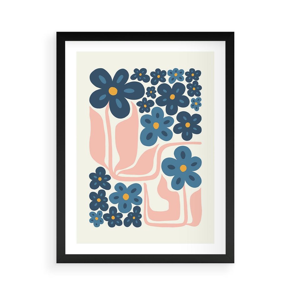 Plakat w ramie 50x70 - Niebieskie Refleksje - niebieskie kwiaty, niezapominajki - rama czarna