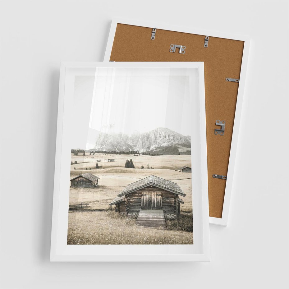 Plakat w ramie 50x70 - Chatka w Górskiej Sepii - domek w górach, chatka - rama biała
