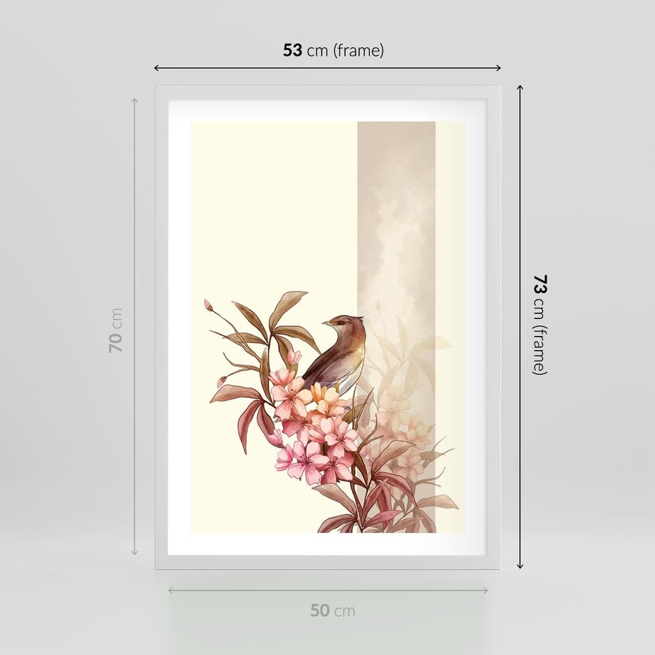 Plakat w ramie 50x70 - Kwiatowe Zanurzenie - japońska sztuka, ptak - rama biała