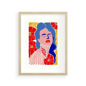 Plakat w ramie 30x40 - Nowoczesna Twarz - nowoczesna grafika, kolorowa twarz kobiety - rama drewno