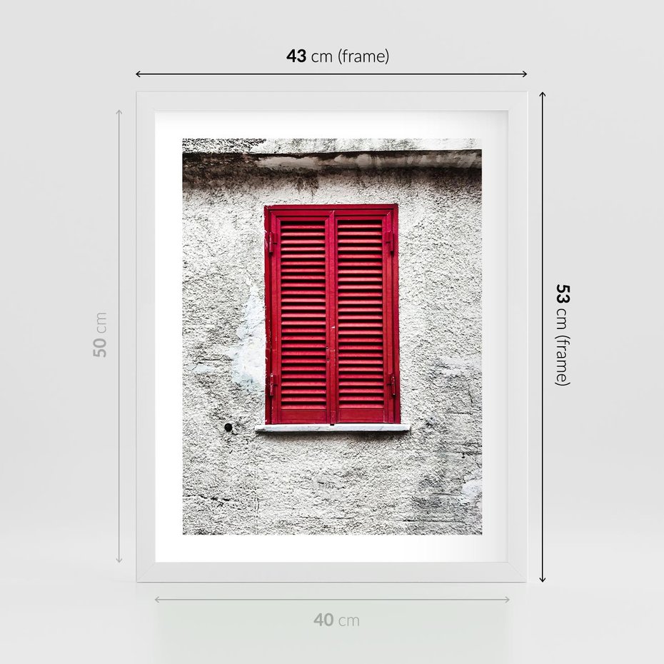 Plakat w ramie 40x50 - Okno z Czerwonymi Okiennicami - stare okno, kamienica - rama biała