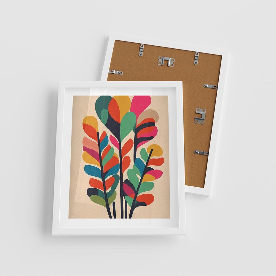 Plakat w ramie 40x50 - Symfonia Wzrokowych Impresji - abstrakcyjny kolorowy tęczowy obraz, inspiracje roślinne - rama biała