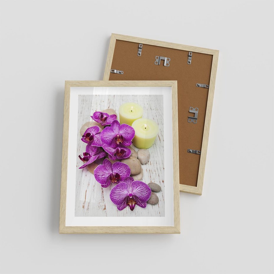 Plakat w ramie 30x40 - Relaksujące spa w otoczeniu orchidei - spa, świece - rama drewno