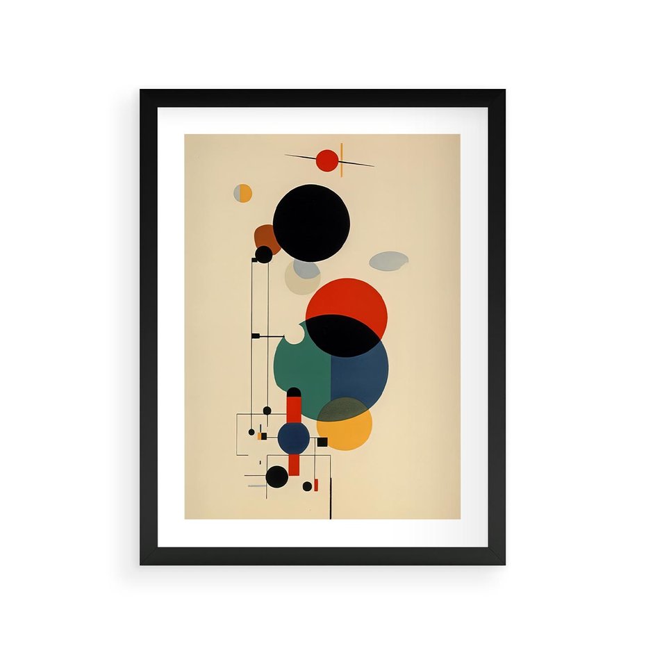 Plakat w ramie 30x40 - Migocące Impresje Odniesień - abstrakcyjna geometryczna kompozycja, koła linie - rama czarna