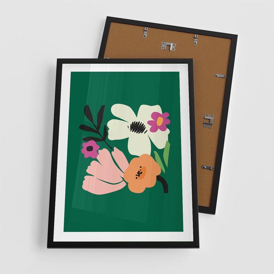Plakat w ramie 50x70 - Rozbijające Echa - abstrakcyjne kwiaty, zielone tło - rama czarna
