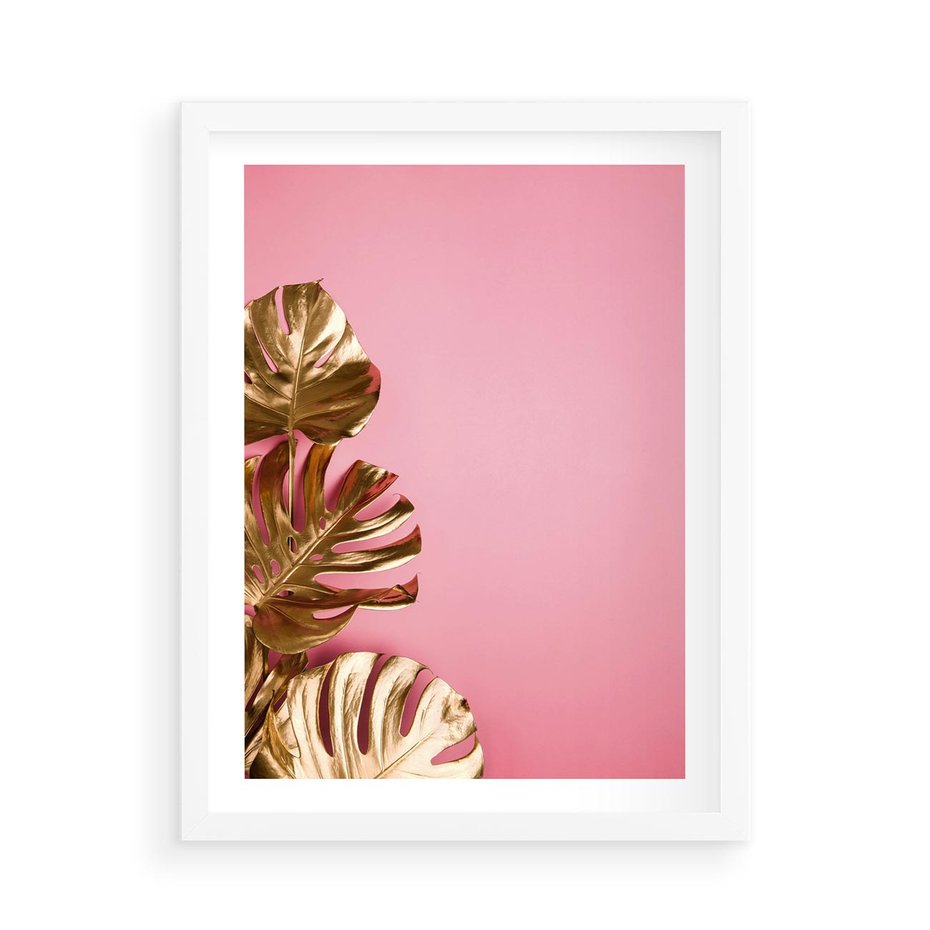 Plakat w ramie 50x70 - Luksusowa Elegancja - złote, liście - rama biała