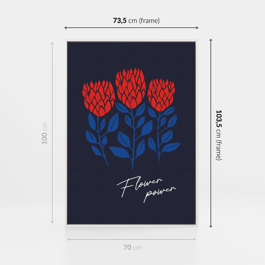 Obraz w ramie 70x100 - Podróżne Barwy - czerwone abstrakcyjne kwiaty, granatowe tło - rama biała
