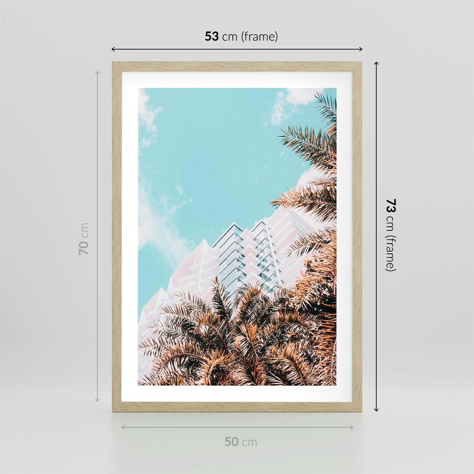 Plakat w ramie 50x70 - Wakacyjny Raj - palmy, wysokie budynki - rama drewno