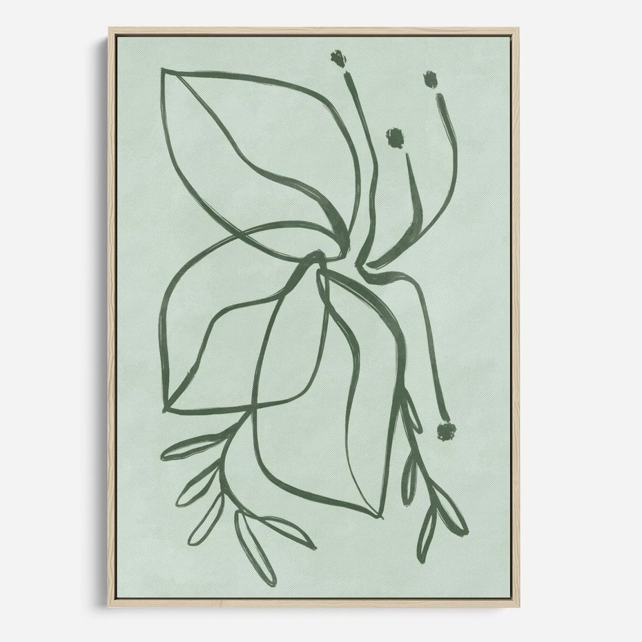 Obraz w ramie 80x120 - Energetyczne Odrodzenie Natury - abstrakcyjne delikatne zielone linie, podobne do gałęzi kwiatów - rama drewno