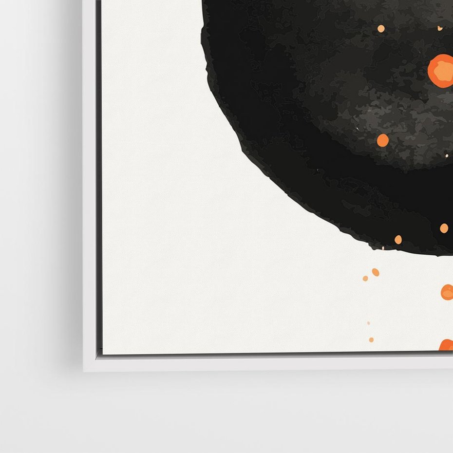 Obraz w ramie 50x50 - Wnętrza Marzeń - abstrakcyjna czarna plama, rozsiane pomarańczowe kropki - rama biała