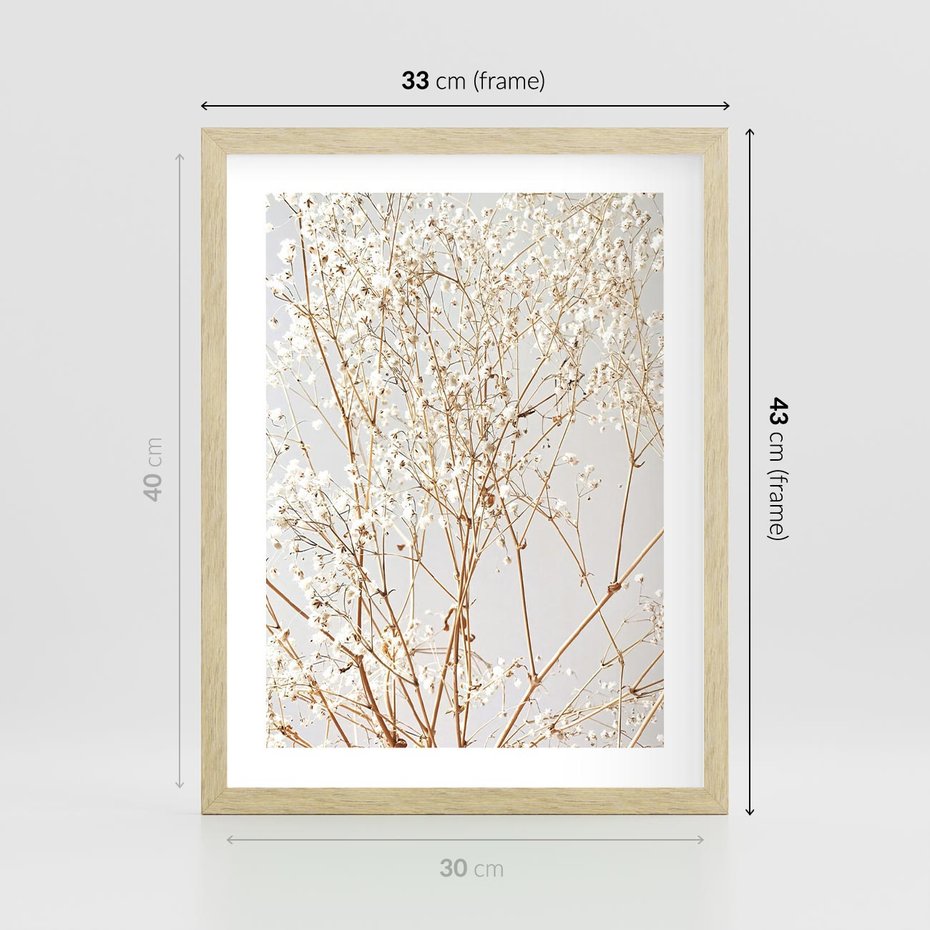 Plakat w ramie 30x40 - Minimalistyczna Delikatność - białe kwiaty, gipsówka - rama drewno