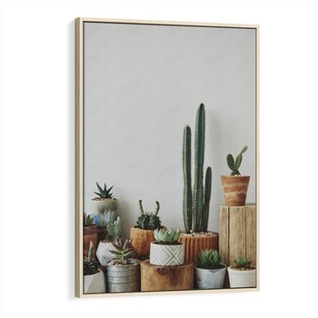 Obraz w ramie 70x100 - Naturalna Harmonia - kaktusy, liście - rama drewno