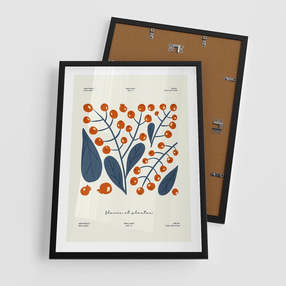 Plakat w ramie 50x70 - Minimalistyczna Uroda Jarzębin - jarzębiny, niebieskie liście - rama czarna